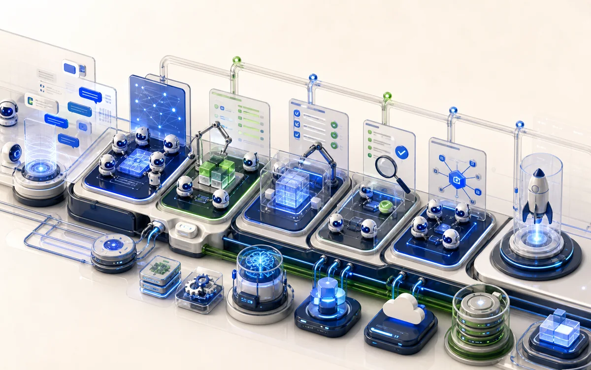 Ilustração abstrata de uma fábrica agêntica com pipelines, squads e automação de entrega