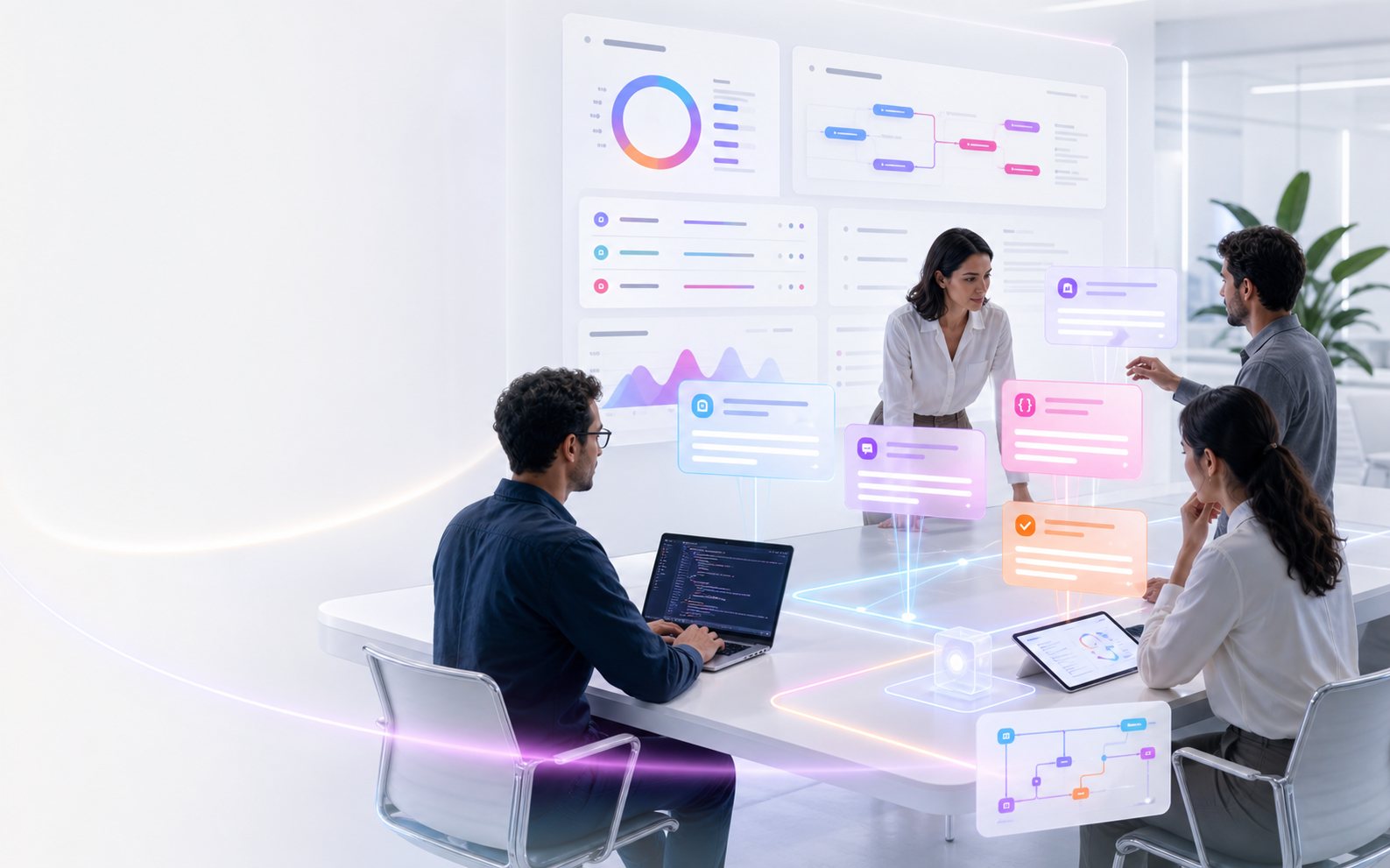 Especialistas trabalhando com dashboards, agentes inteligentes e fluxos de operação corporativa